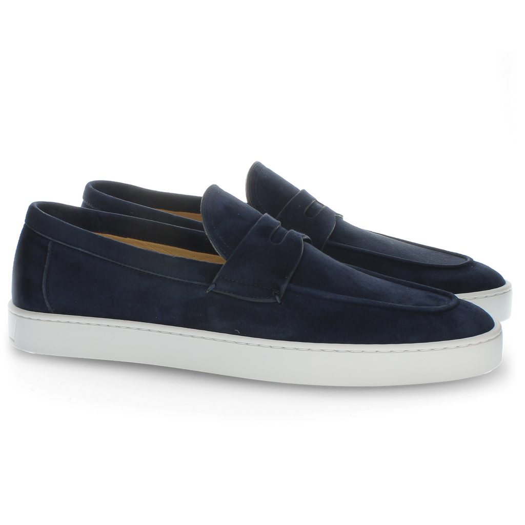 Blue suede loafer with rubber sole